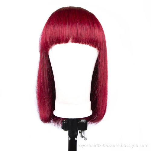 10a 12 Inch 150% Density 99J Burgundy Red Color Short Straight Blunt 100 Percent Indian Human Hair Bob Wig